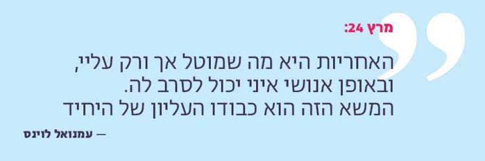 "האחריות היא מה שמוטל אך ורק עליי, ובאופן אנושי איני יכול לסרב לה. המשא הזה הוא כבודו העליון של היחיד."